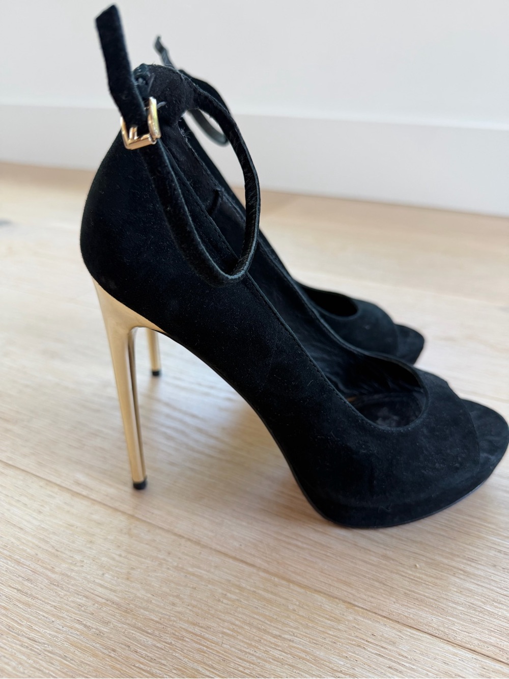 Black Suede Ankle-Strap Stiletto Heels with Gold Heel